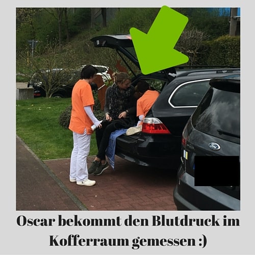Hund Oscar bekommt Blutdruck im Kofferraum gemessen. Er hat Angst, die Tierklinik zu betreten.